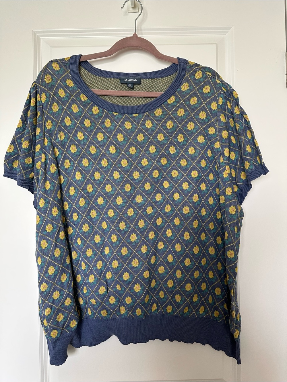ModCloth Blue and Yellow Floral Diamond Knit Top